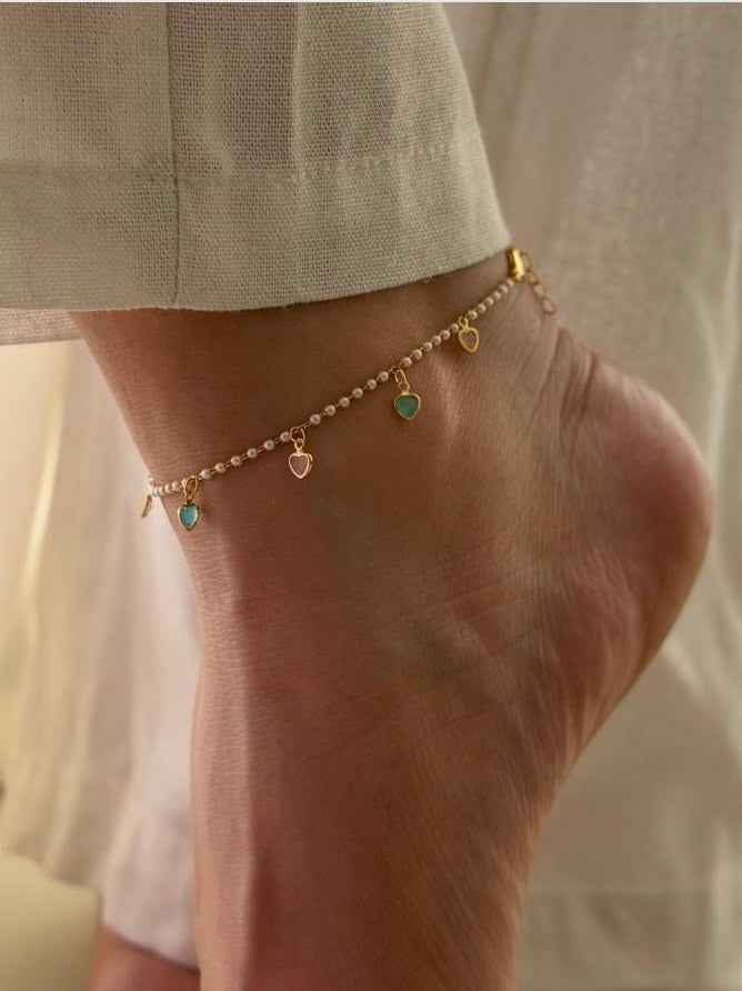 Tobillera Perlas Corazones Dorado · Anturia